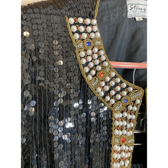 Stenay M Silk Sequin Black Blazer Skirt Combo Beaded Vintage Swinger Flapper - Picture 3 of 14